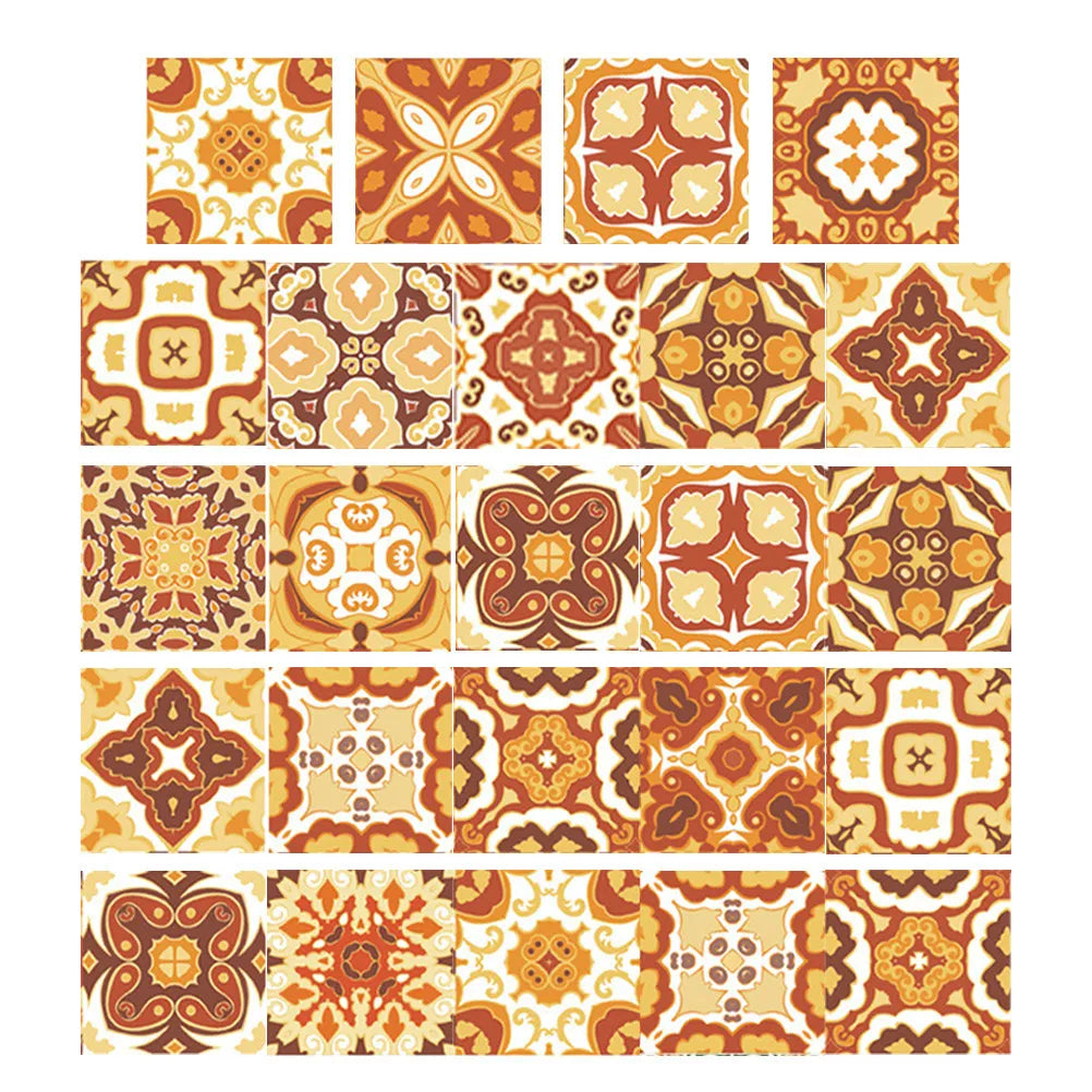 Grid of small square mosaic tile stickers with orange, brown, and cream vintage designs