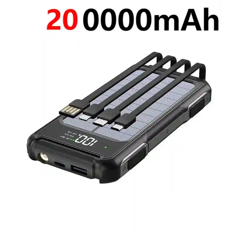 Solar Power Bank 200000mAh with Built-in Cables | Tidesmit Black 200000mAh Tidesmit