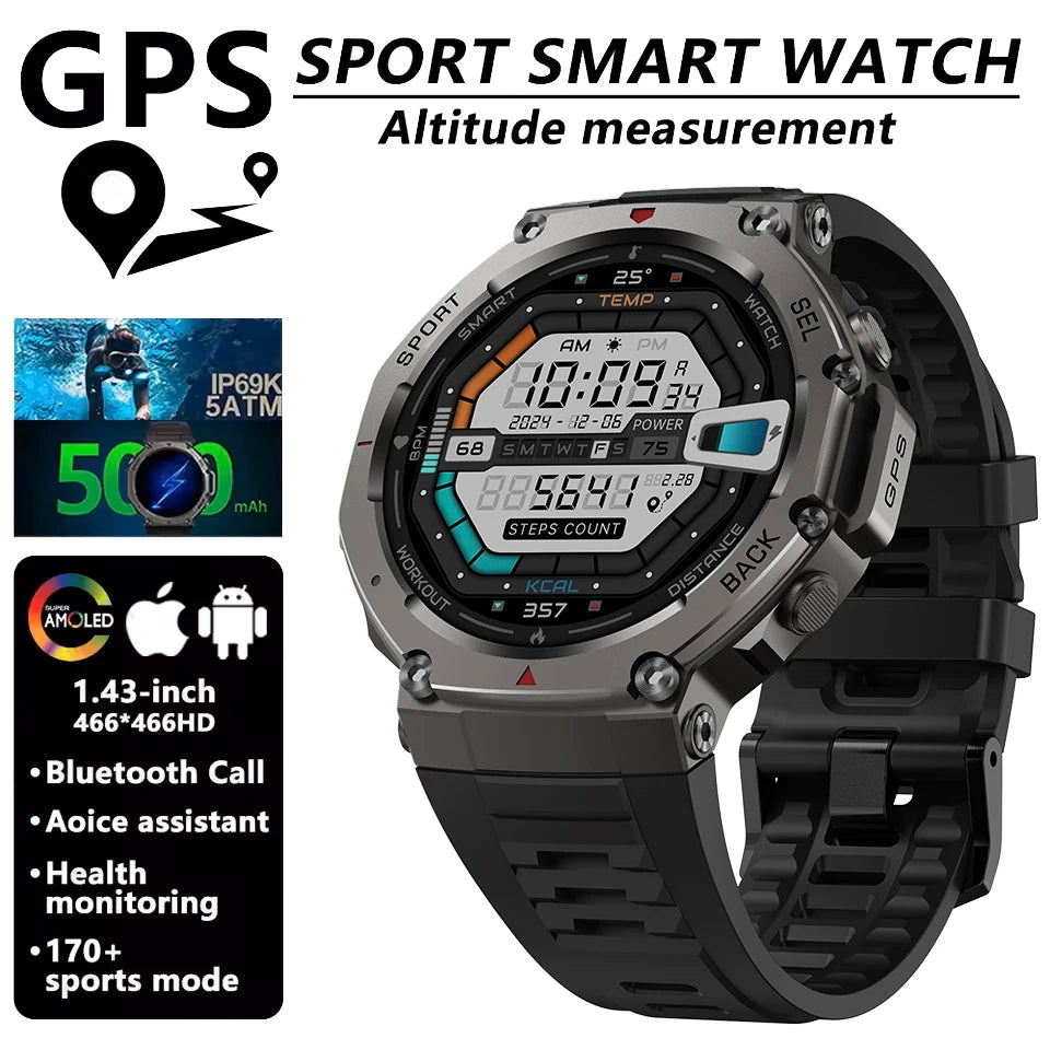 Black GPS smartwatch with AMOLED display, rugged round case and silicone strap.