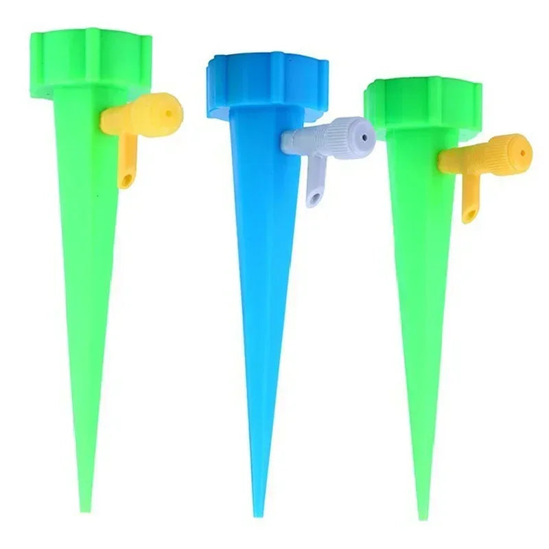 Drip irrigation stake set with adjustable valves, green and blue tubes