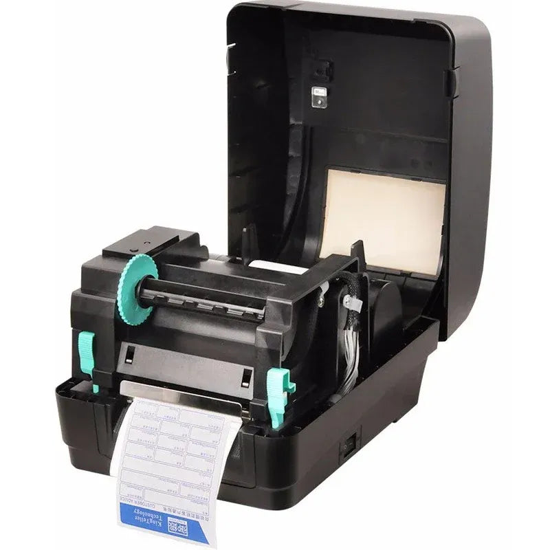 Black ribbon label printer with open top cover showing card feed and ribbon mechanism.