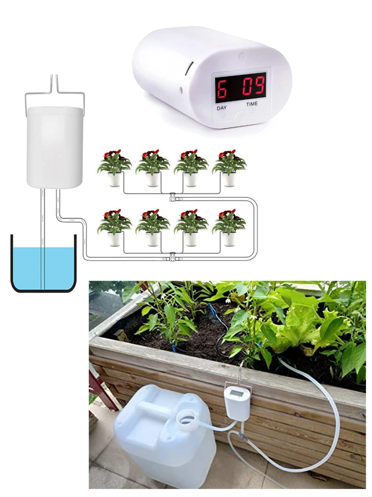 Self-watering drip irrigation kit with timer controller, tubing, and multiple plant drippers