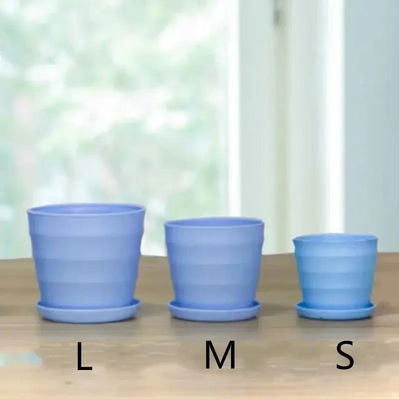 Blue plastic succulent pots with saucers, sizes L, M, and S shown