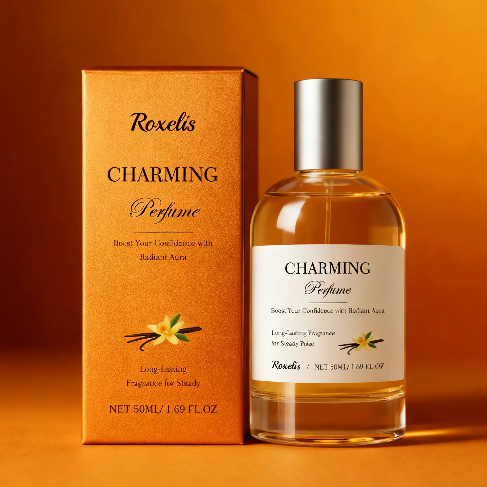 Roxelis Charming 50ml Amber Vanilla perfume for women. Long-lasting fragrance in a round glass bottle, elegant spray.