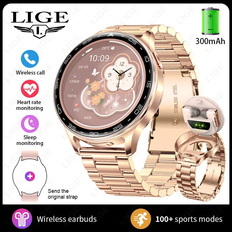 Gold smartwatch with wireless earbuds, round screen with floral icons and metal link strap
