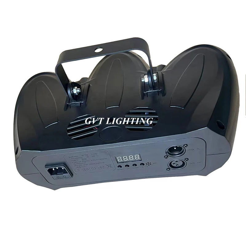 Black three-head LED stage light projector showing rear control panel and ports