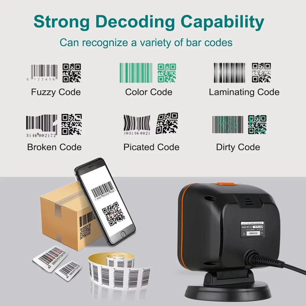 Barcode scanner decoding capability shown with QR and bar code labels