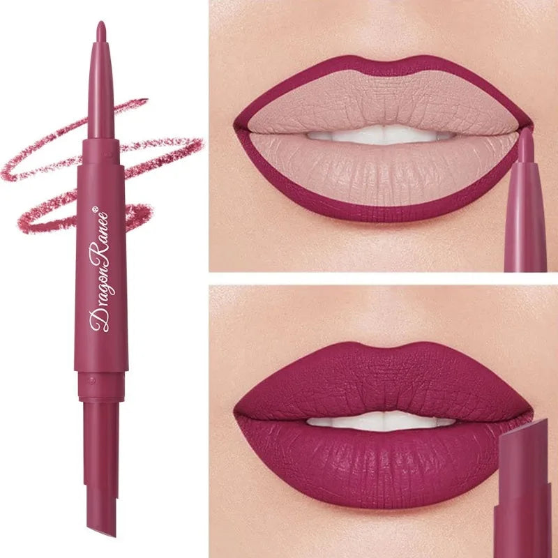 Dual-ended rose red lip liner and matte lipstick pen for long-lasting, waterproof, full-coverage lip makeup.