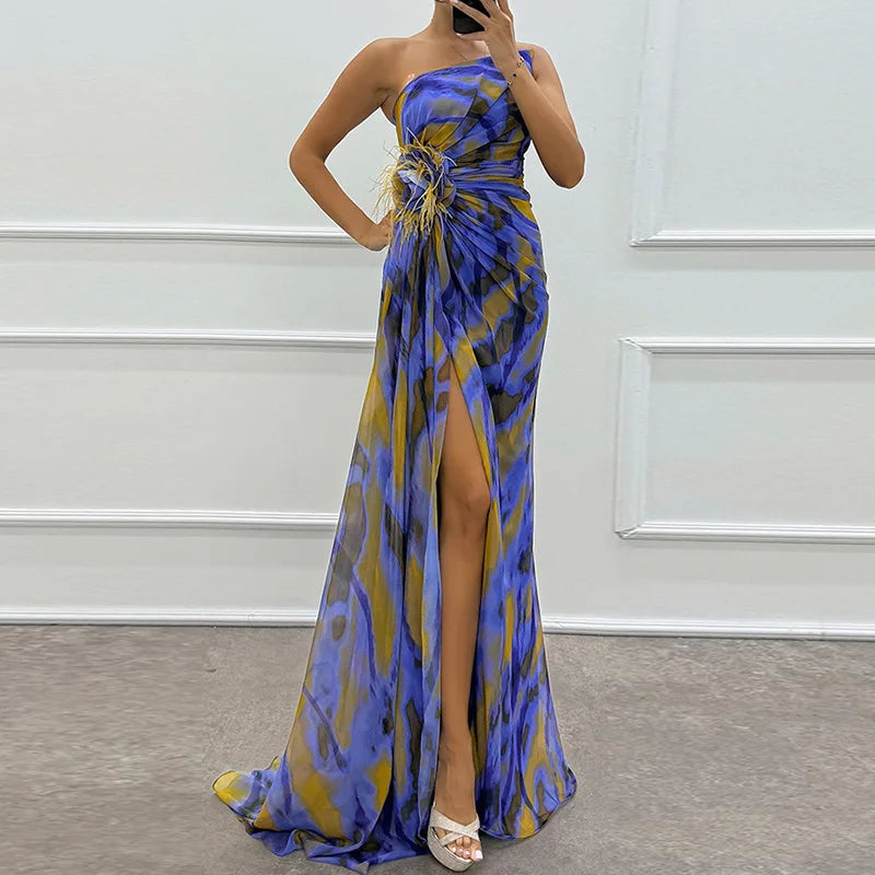Printed Skew Collar Simple Party Dress, Women Summer Patchwork Sleeveless Elegant Maxi Dress, 2024 Backless Fashion Ladies Dress