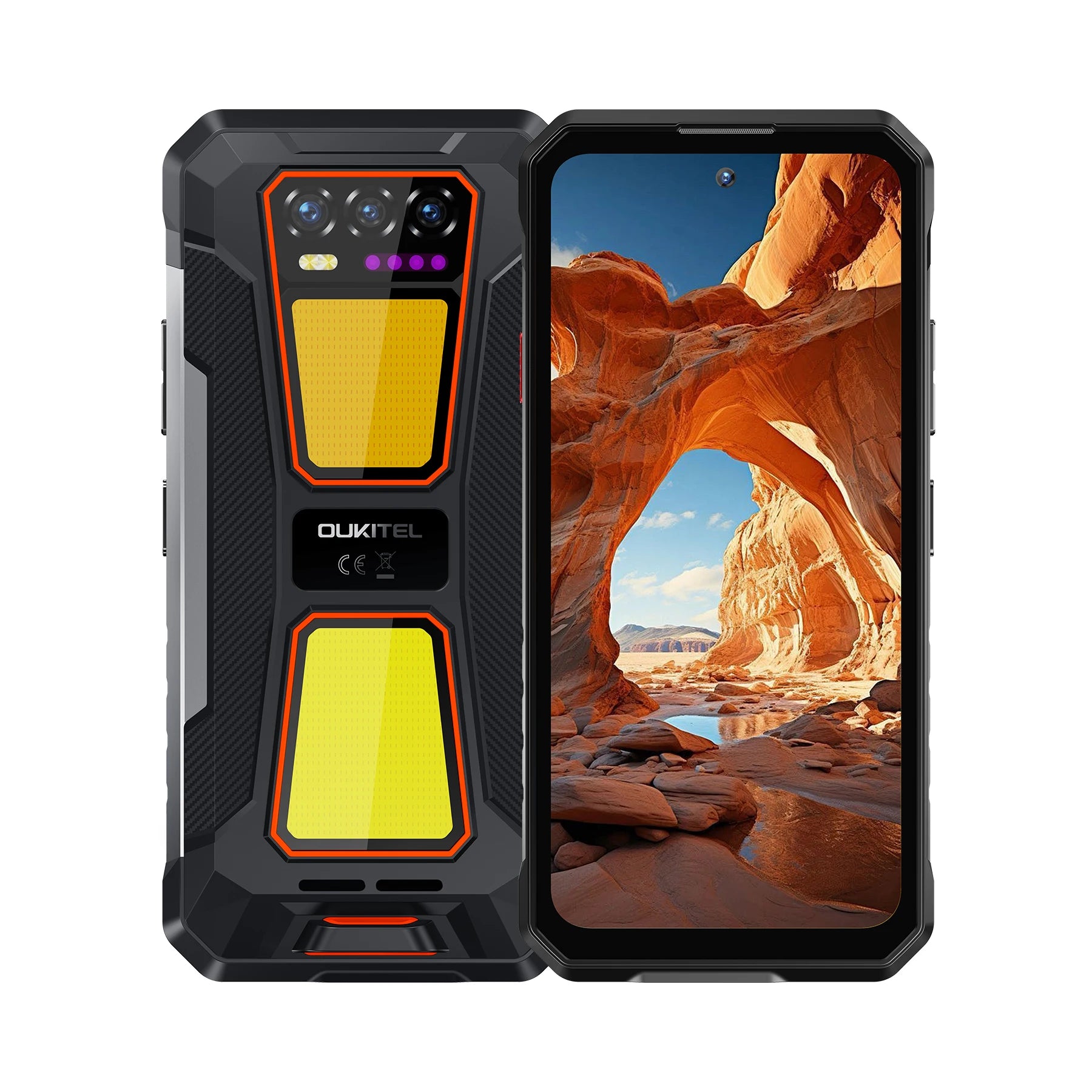 OUKITEL WP58 Pro 5G rugged phone, black and orange, dual camping lamps, front and back views, 6.7-inch display.