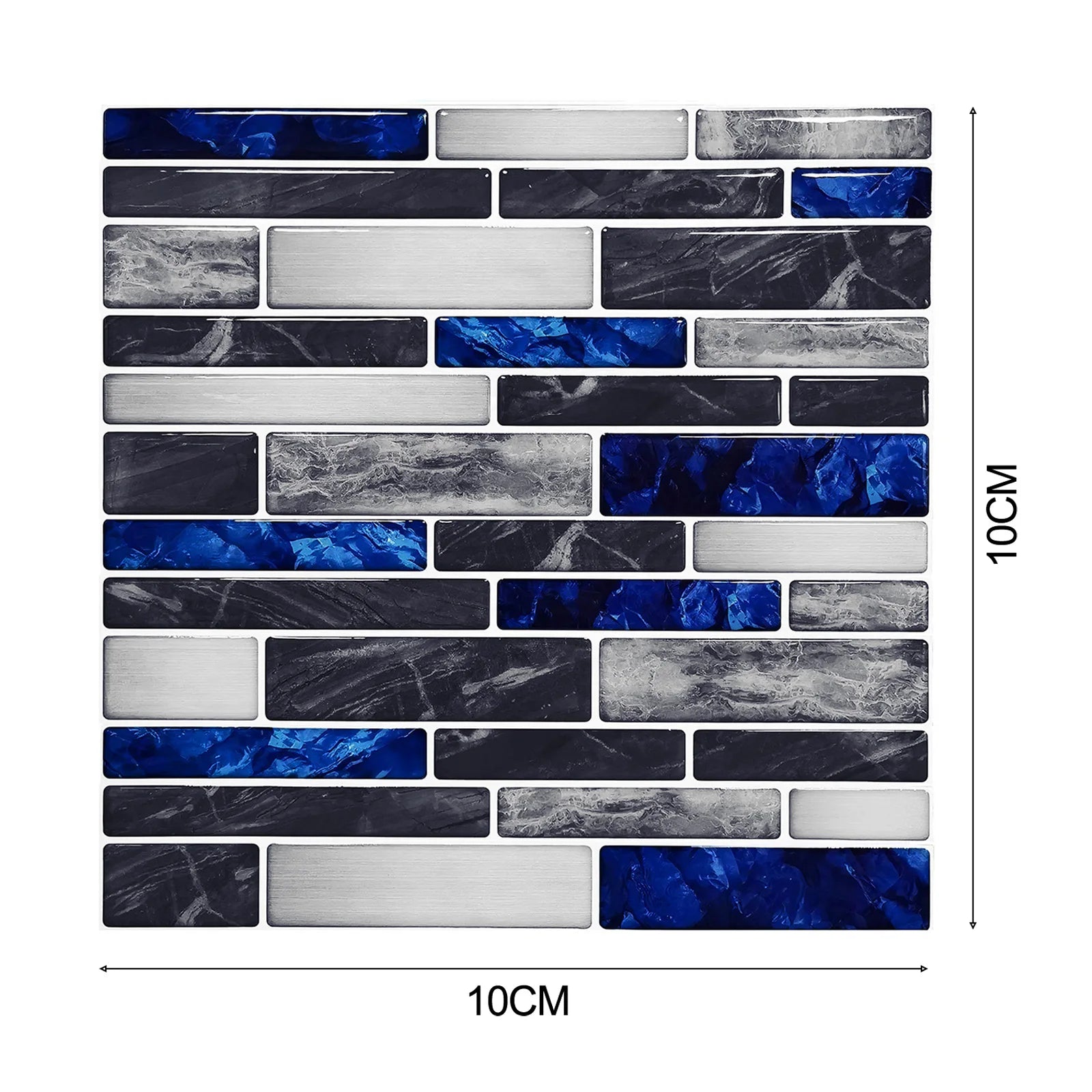Self-adhesive 3D mosaic tile sticker sheet, blue and gray brick pattern, 10x10 cm