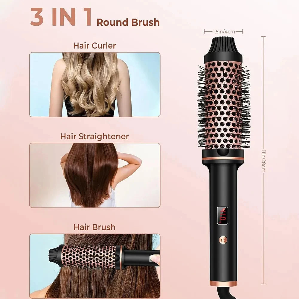 TINSOL 3-in-1 black and rose gold ion hair styler, curling wand, straightener, and round brush with digital display.