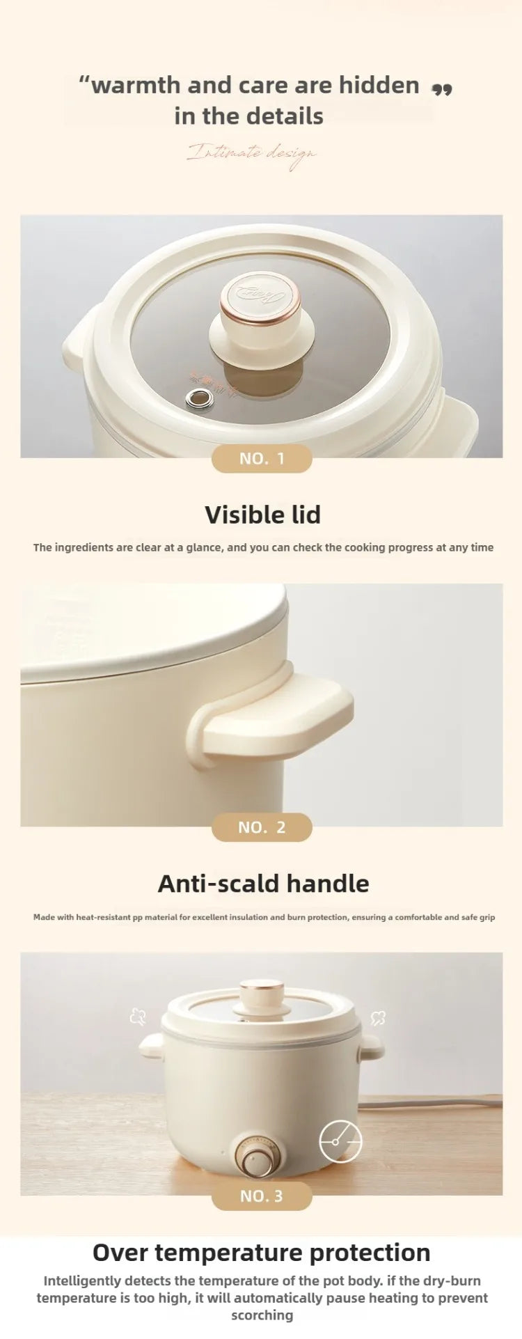 Multi cooker lid with anti-scald handle and over-temperature protection feature