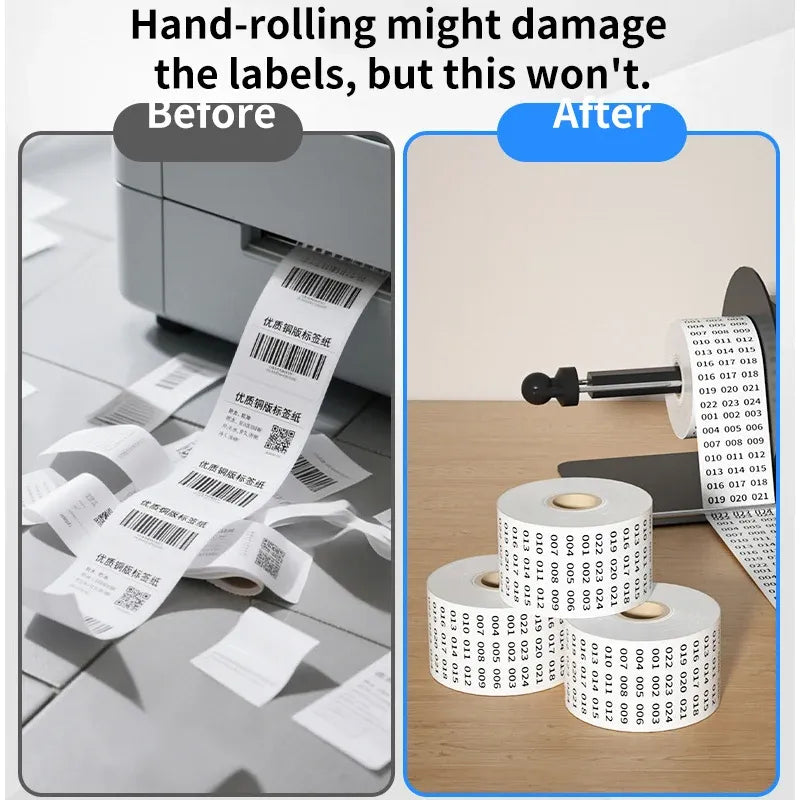 Label rewinder with rewound label roll and metal rod for label removal