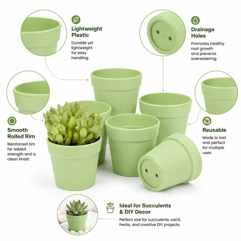 Lightweight green mini plastic flower pots with drainage holes and rolled rim design