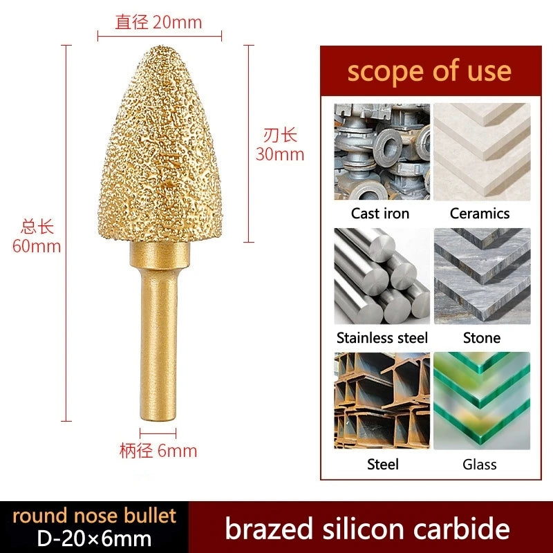 Brazed diamond grinding and polishing head, pointed round nose gold tip with 6mm shank