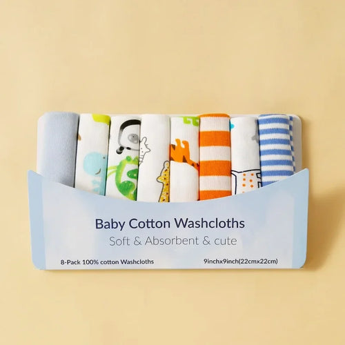 8-pack of soft, absorbent 9x9 inch baby cotton washcloths featuring cute animal and stripe designs.