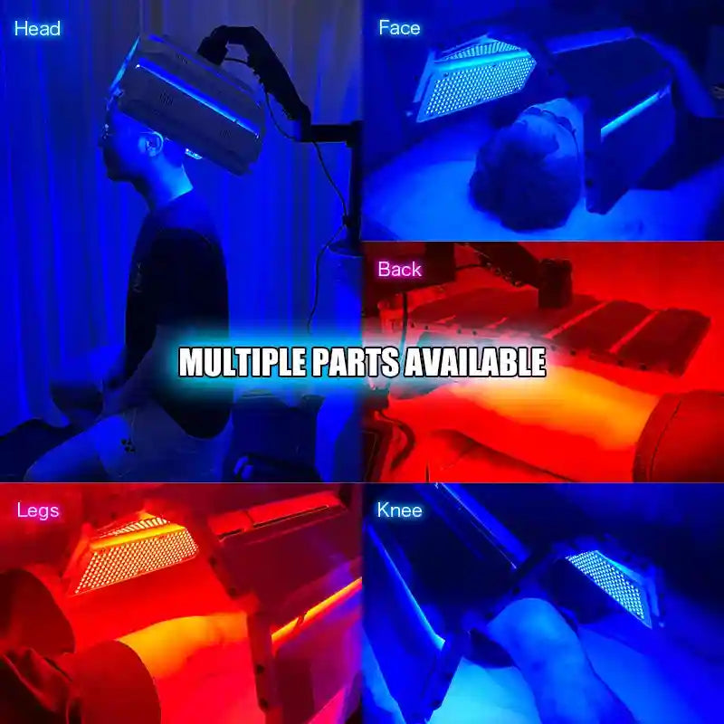 7-color LED light therapy machine showing face, back, and leg treatment with blue and red light panels for body care.