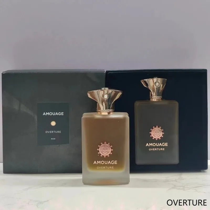 Amouage Overture Man EDP: 100ml woody aromatic fragrance in a sleek, frosted glass bottle with a signature gold cap.
