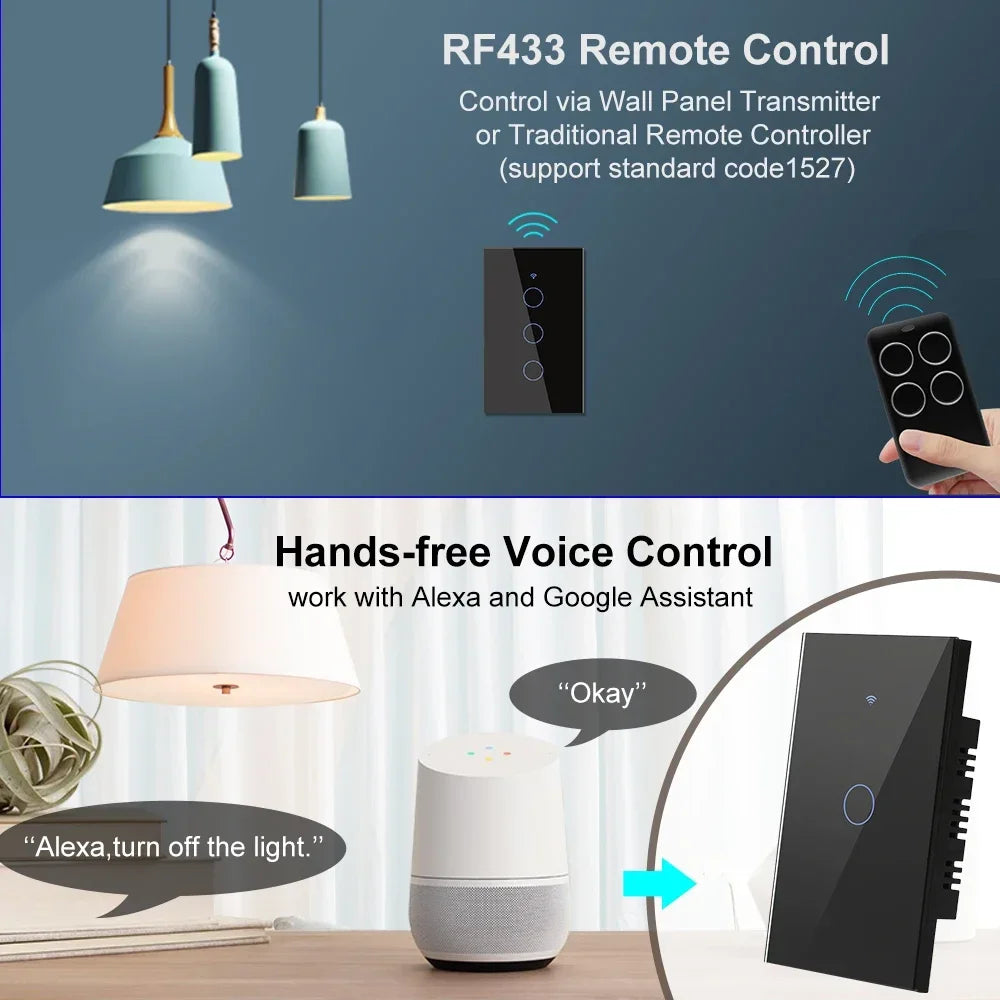433 MHz WiFi Tuya Smart Remote Control Touch Light Switch RF for Lights Australia US BR IL Alexa 220V With No Null 1 2 3 4 Gang