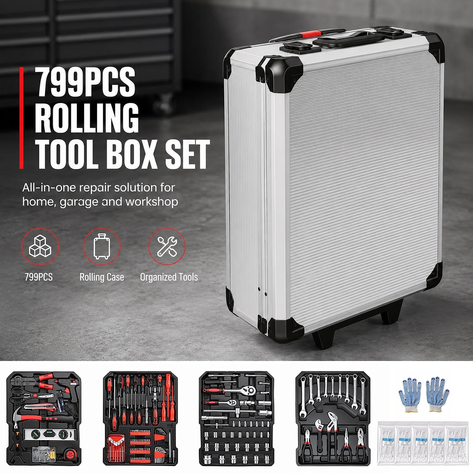 Professional Rolling Toolbox with Wheels Complete Mechanic Tool Set Heavy Duty Socket Wrench Kit Automotive Repair Hand Tools Portable Storage Case for Car Motorcycle Bicycle Home Garage Workshop Maintenance Equipment DIY