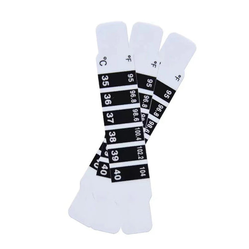 White strip baby forehead thermometer for instant fever health monitoring.