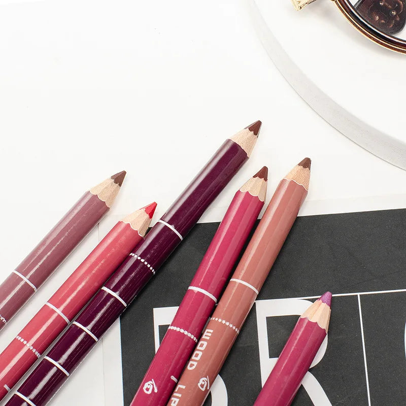 Set of velvet matte lip liner pencils in assorted pink, red, and brown shades for waterproof long-lasting lip makeup.