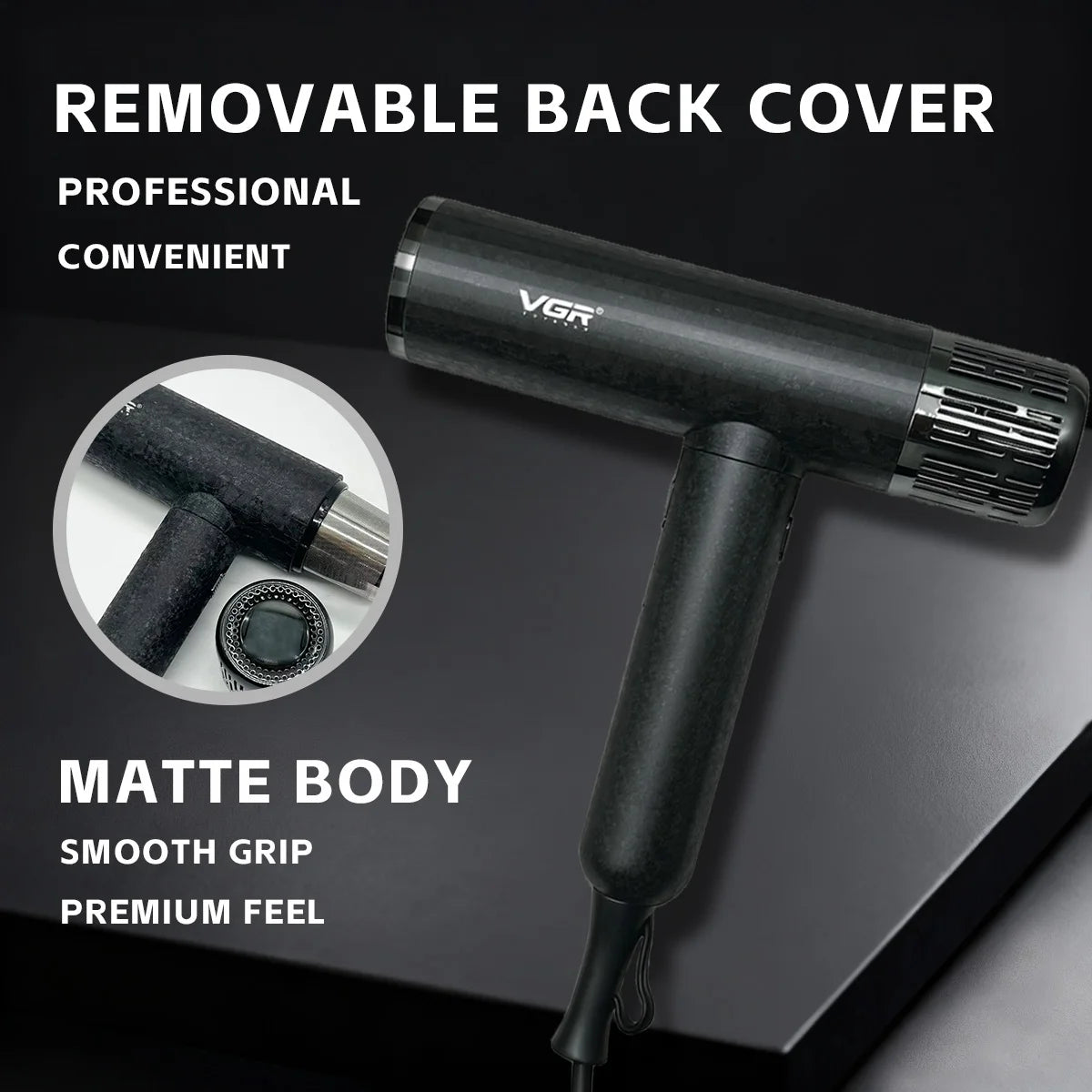 VGR V-401 matte black professional hair dryer with high-speed brushless motor and removable magnetic back cover.