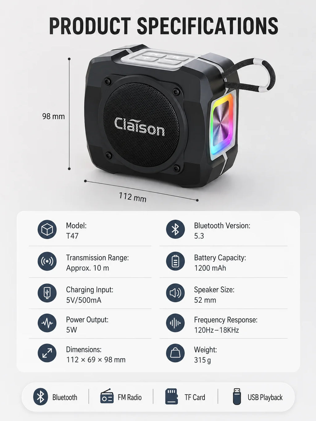 Portable Bluetooth Speaker, Bluetooth 5.3, TWS Pairing, 52mm Driver, 5W Output, 1200mAh Battery, RGB Light, FM Radio, TF Card and USB Playback, IPX6 Water Resistant Design for Outdoor, Camping, Travel and Home Use