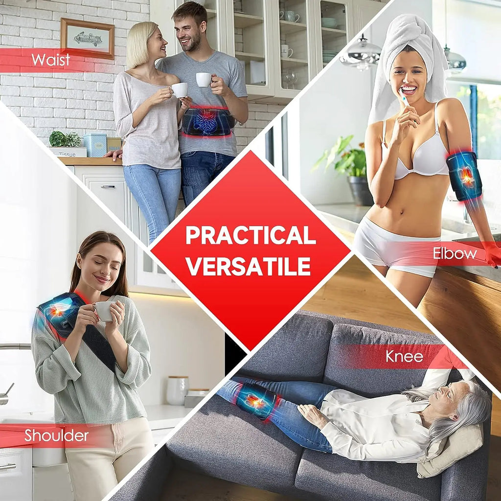 A versatile red and infrared light therapy wrap shown in use on the waist, elbow, shoulder, and knee.