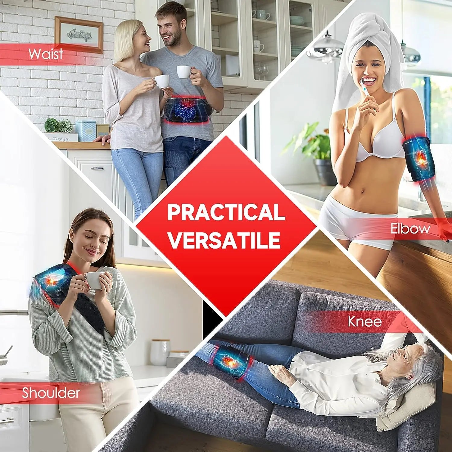 A versatile red and infrared light therapy wrap shown in use on the waist, elbow, shoulder, and knee.