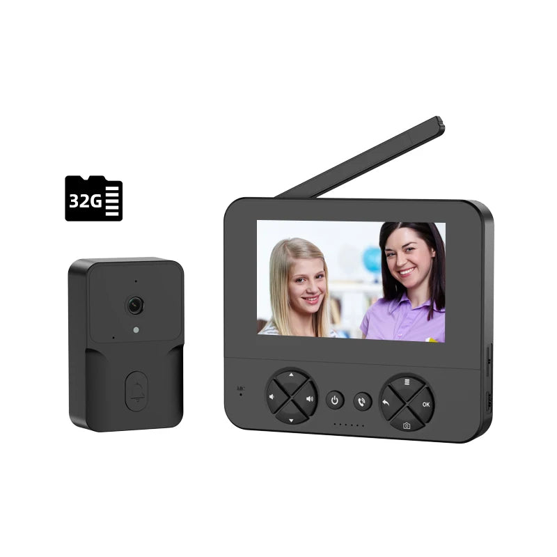 Two-way video doorbell kit with black camera and indoor display screen, 32GB