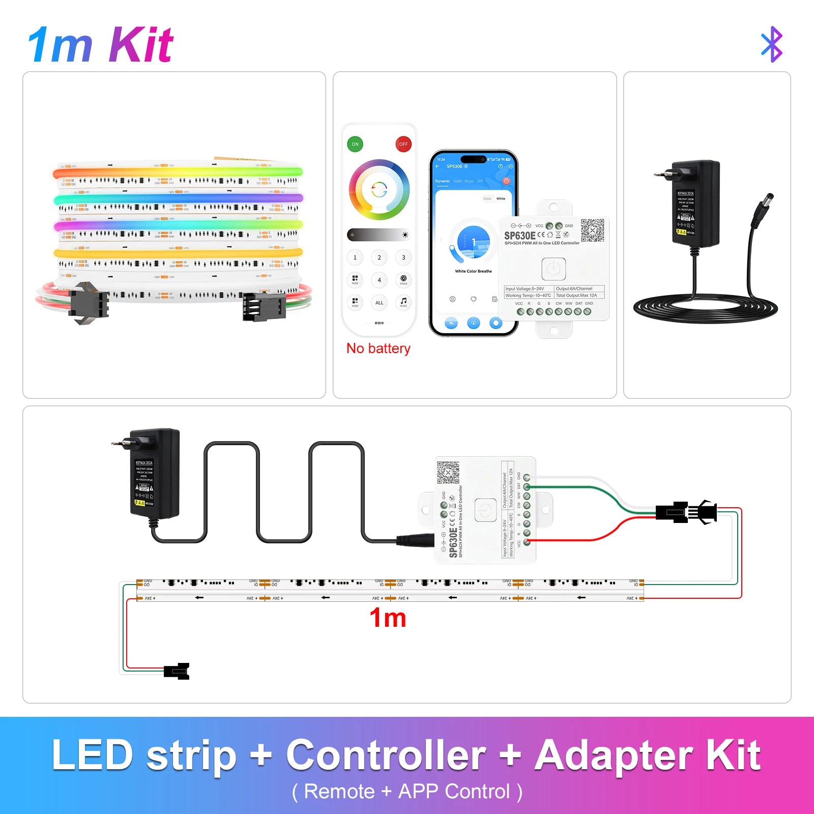 Addressable RGBCCT LED strip kit with controller, remote, and 1m LED tape