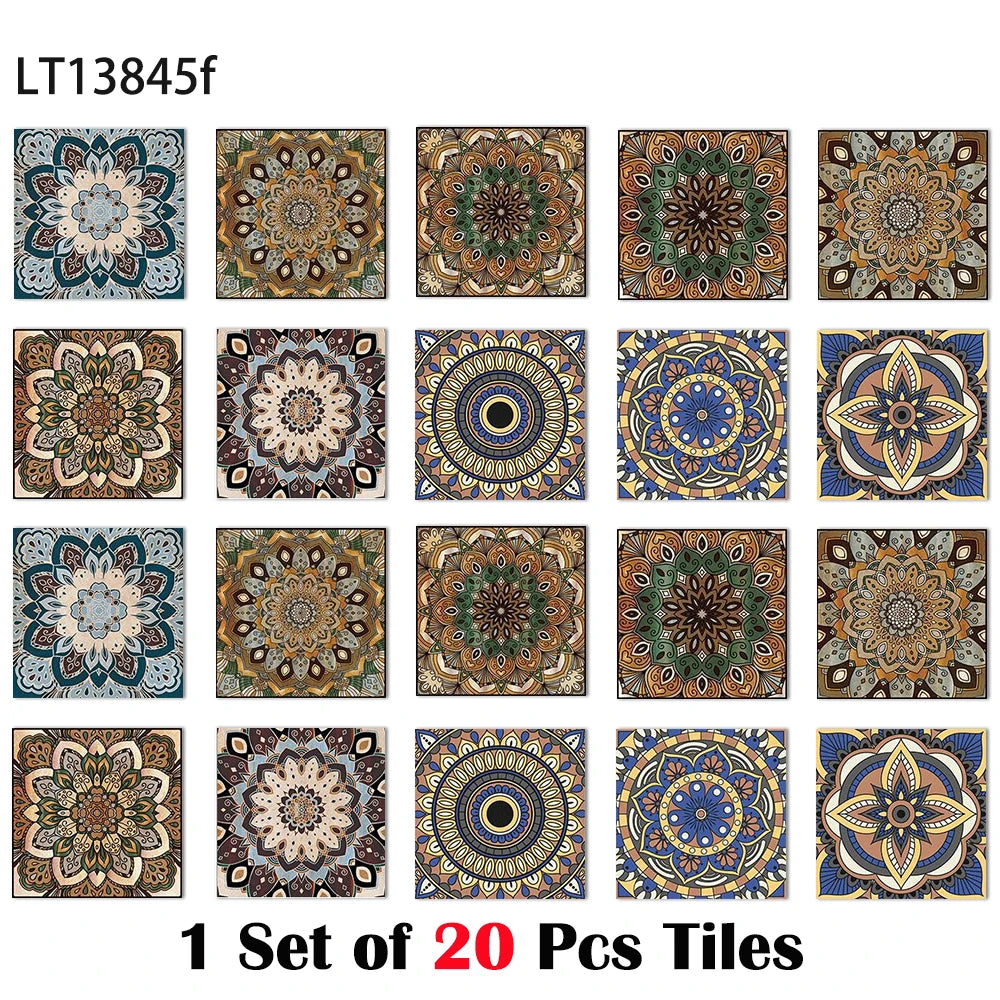 Glossy boho tile stickers set of 20, warm brown and teal mandala floral square designs