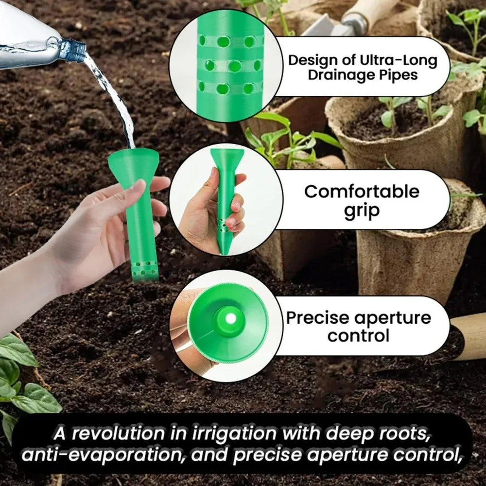 Green plant irrigation funnel with wide top opening and comfortable grip