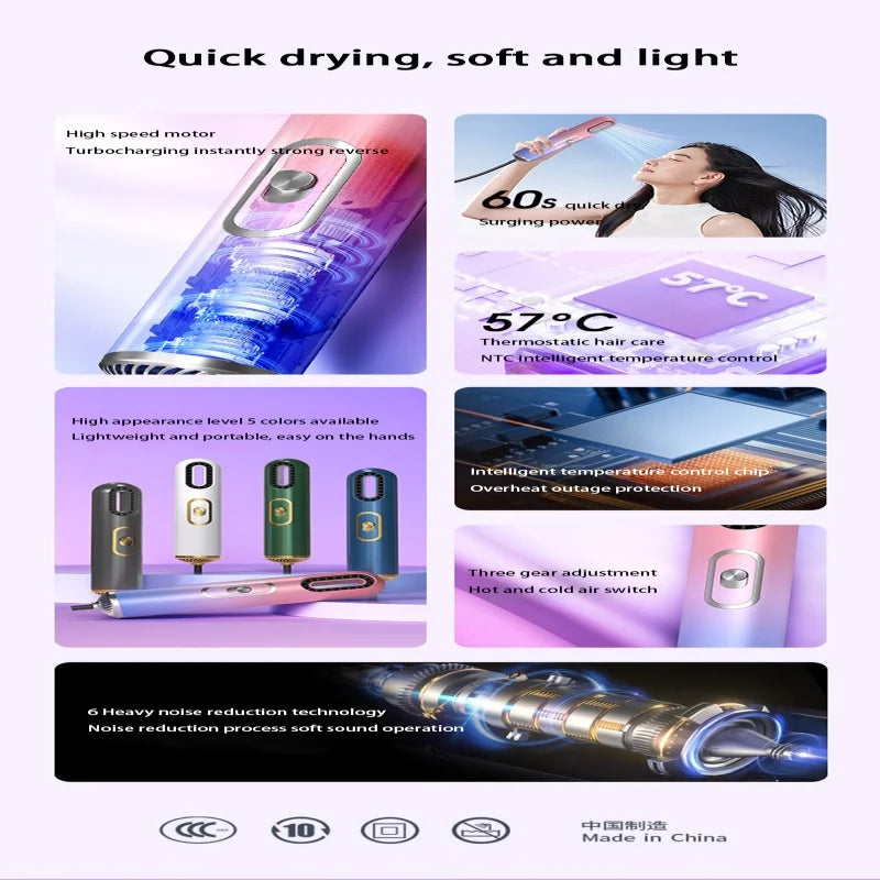 Ionic hair dryer with high-speed motor, 57°C temp control, 3 speed settings, and sleek gradient finish for fast drying.