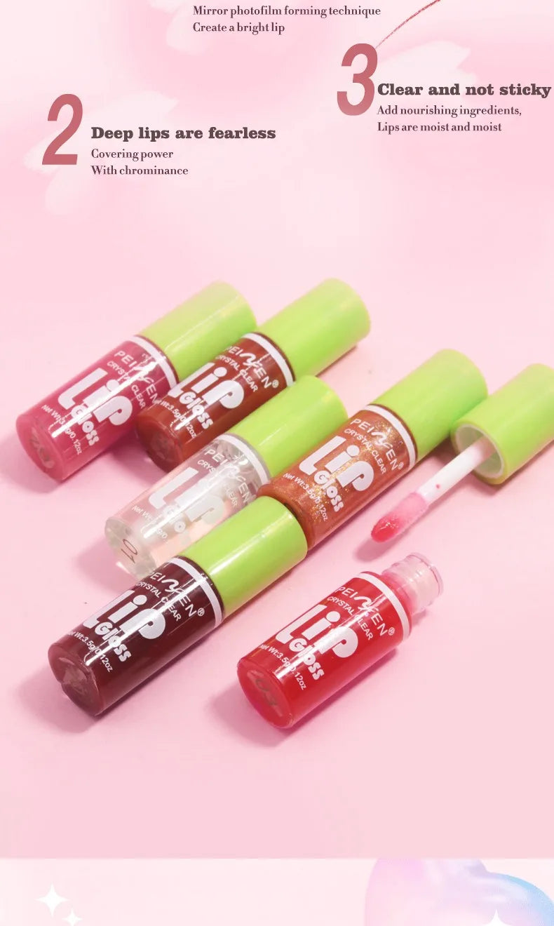 6-piece set of moisturizing lip gloss with green caps, featuring hydrating, non-sticky, clear, and tinted finishes.