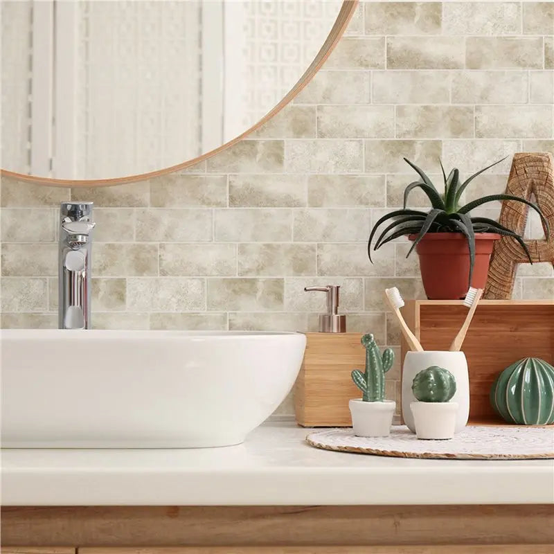Subway Backsplash Tile Peel And Stick Wall Tiles For Bathroom Waterproof 20 Sheets Beige Stone Peel And Stick Backsplash-[A04I T