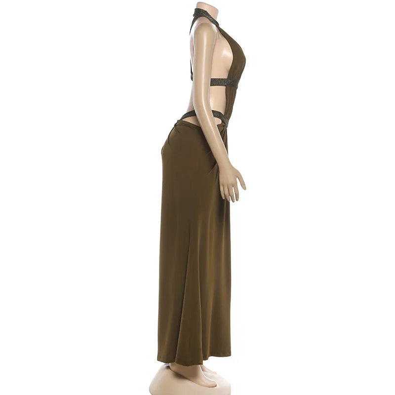 Sexy Women's Maxi Dress Halter Hollow Out Backless Sleeveless Ruched Evening Long Dresses Party Chic Robe Green Purple Summer