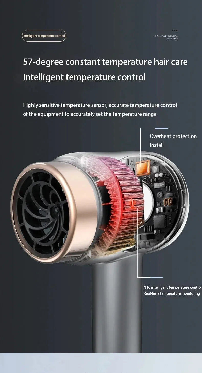 Rose gold portable hair dryer showing internal heating coils and NTC intelligent temperature control sensor technology.