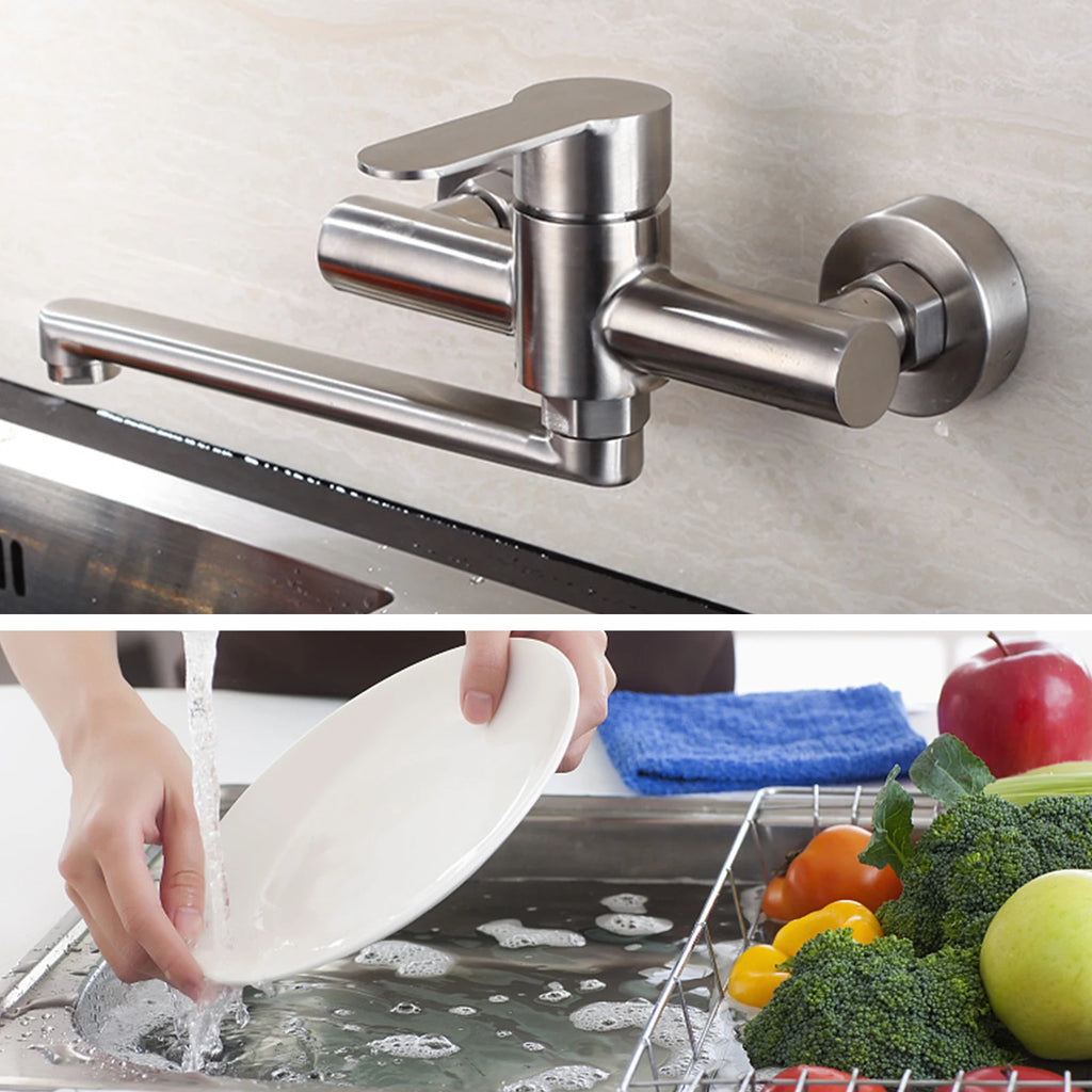 Silver Wall-Mounted Stainless Steel Rotatable Kitchen Faucet 360° Single Handle Hot and Cold Water Faucet For Both Homes Etc