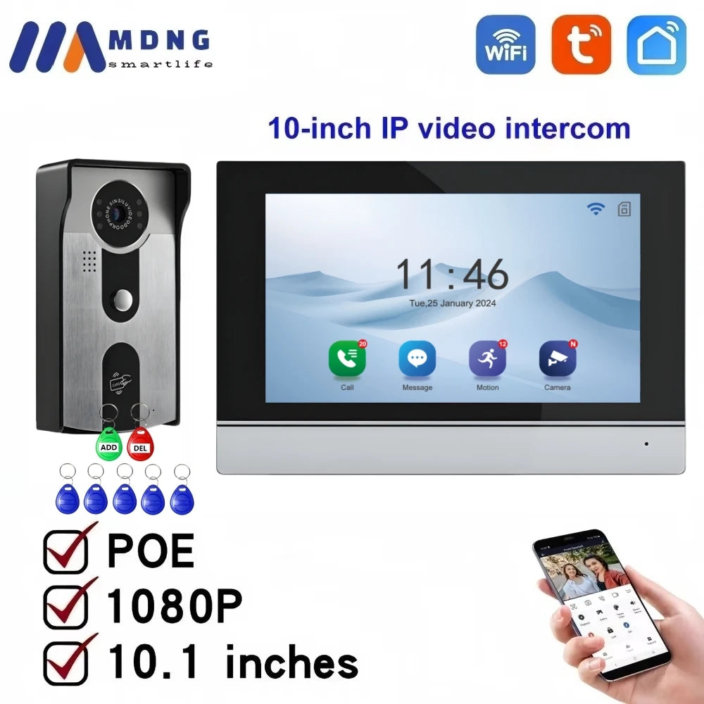 TUYA 1080P 10 Inch Video Intercom Touch Screen Wireless WiFi POE Wired Doorbell RFID Access Control Night Vision Waterproof