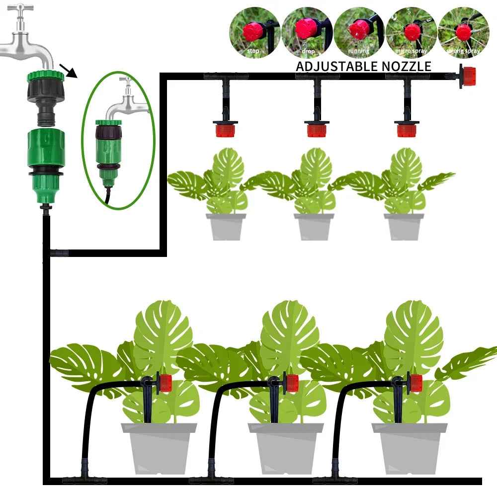 Misting irrigation layout with adjustable nozzle feeding multiple drippers for potted plant watering.