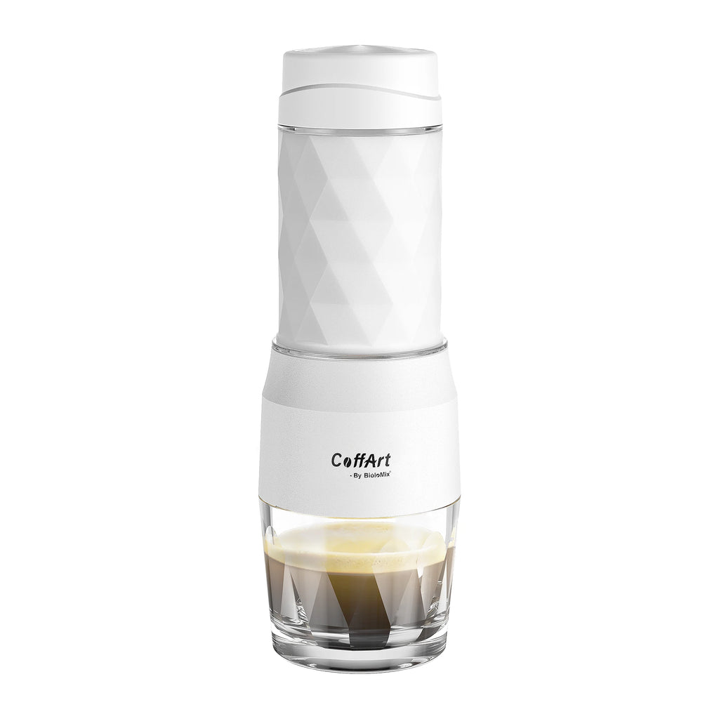 Biolomix CoffArt white portable manual espresso coffee maker with textured geometric design and glass base.