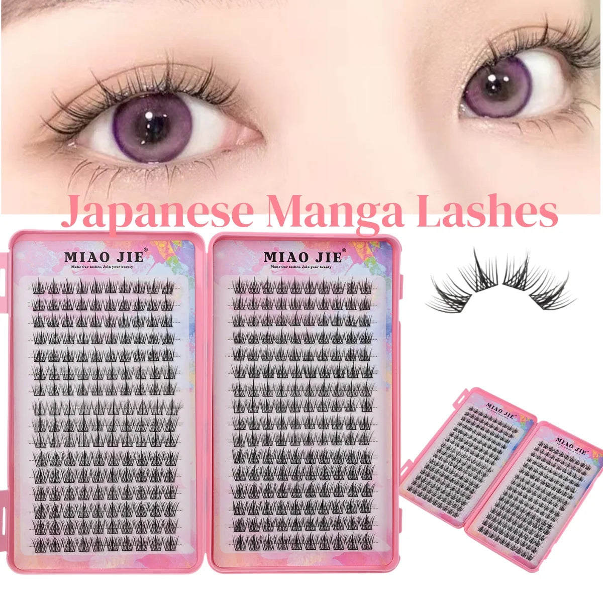 MIAOJIE black pointed cat-eye C-curl manga lashes in a pink case, featuring natural light clusters for eye enlargement.