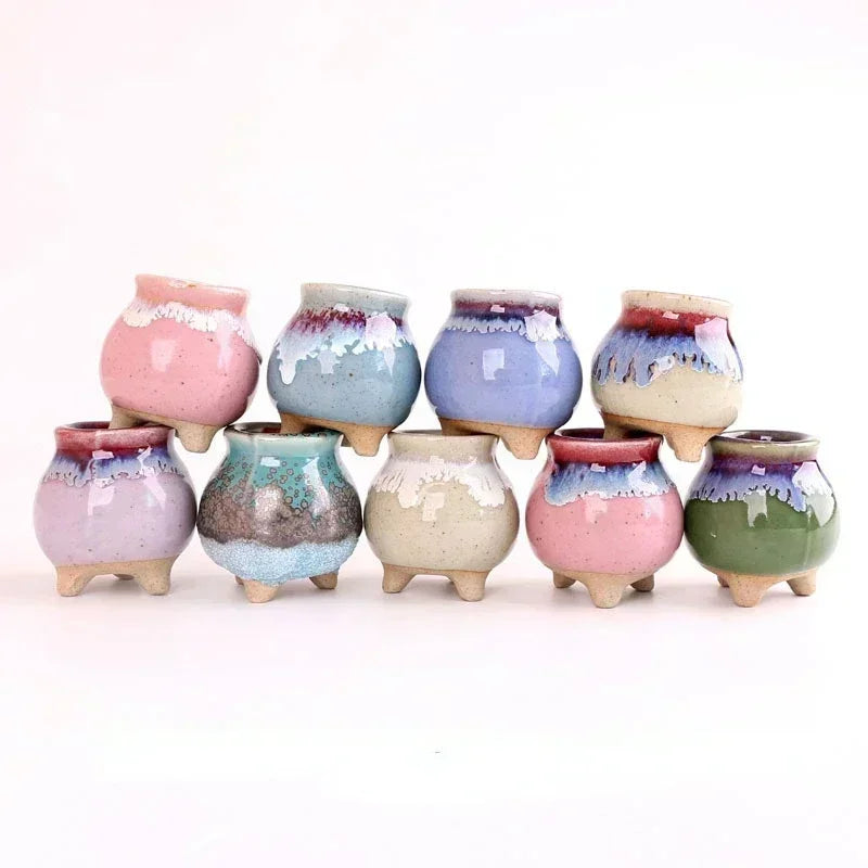 Mini ice-crack ceramic flowerpots, mixed pastel pink blue green and cream set of 8