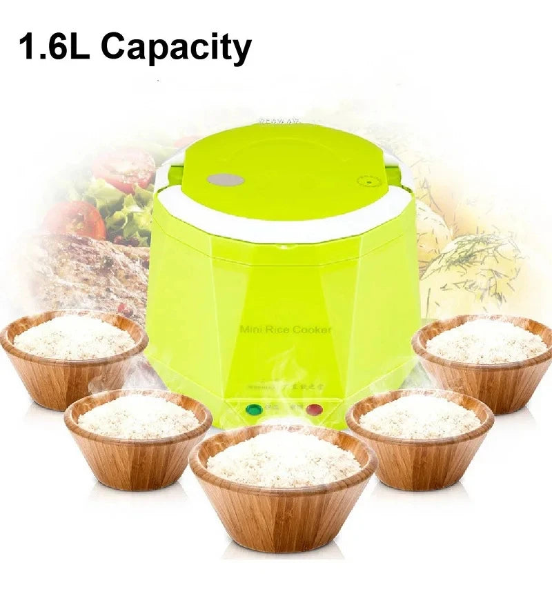 Portable 1.6L car rice cooker, lime green body and white lid with rice bowls display