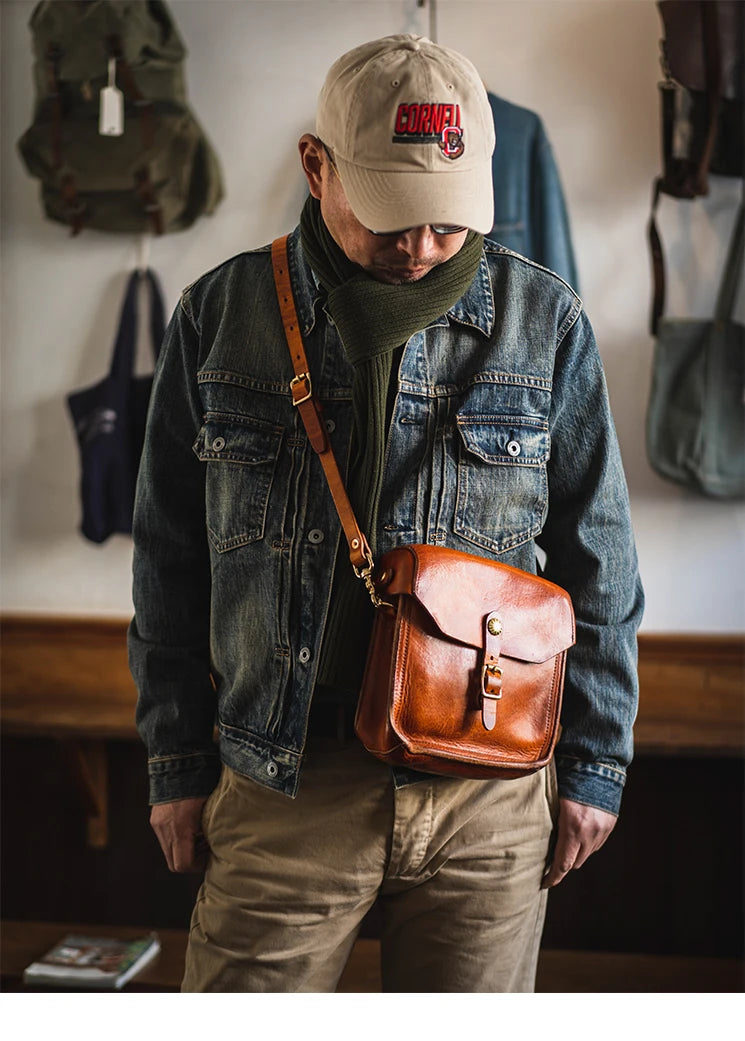 Fashion vintage outdoor daily genuine leather men's small phone shoulder bag designer handmade luxury cow leather crossbody bag