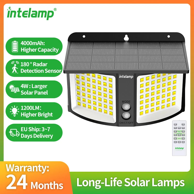 Intelamp 4000Mah Outdoor Solar Light 196 Led Security Flood Light with Remote Dual Motion Sensor 3 Color Modes 3000K/6500K Ip65 Waterproof Wall Light for Porch Garden Yard Garage Fence
