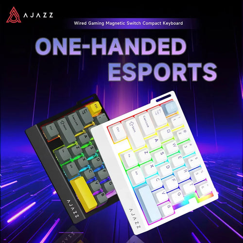 AJAZZ AK029 one-handed gaming keyboard with magnetic switches, 29 keys, and vibrant RGB lighting in black and white.